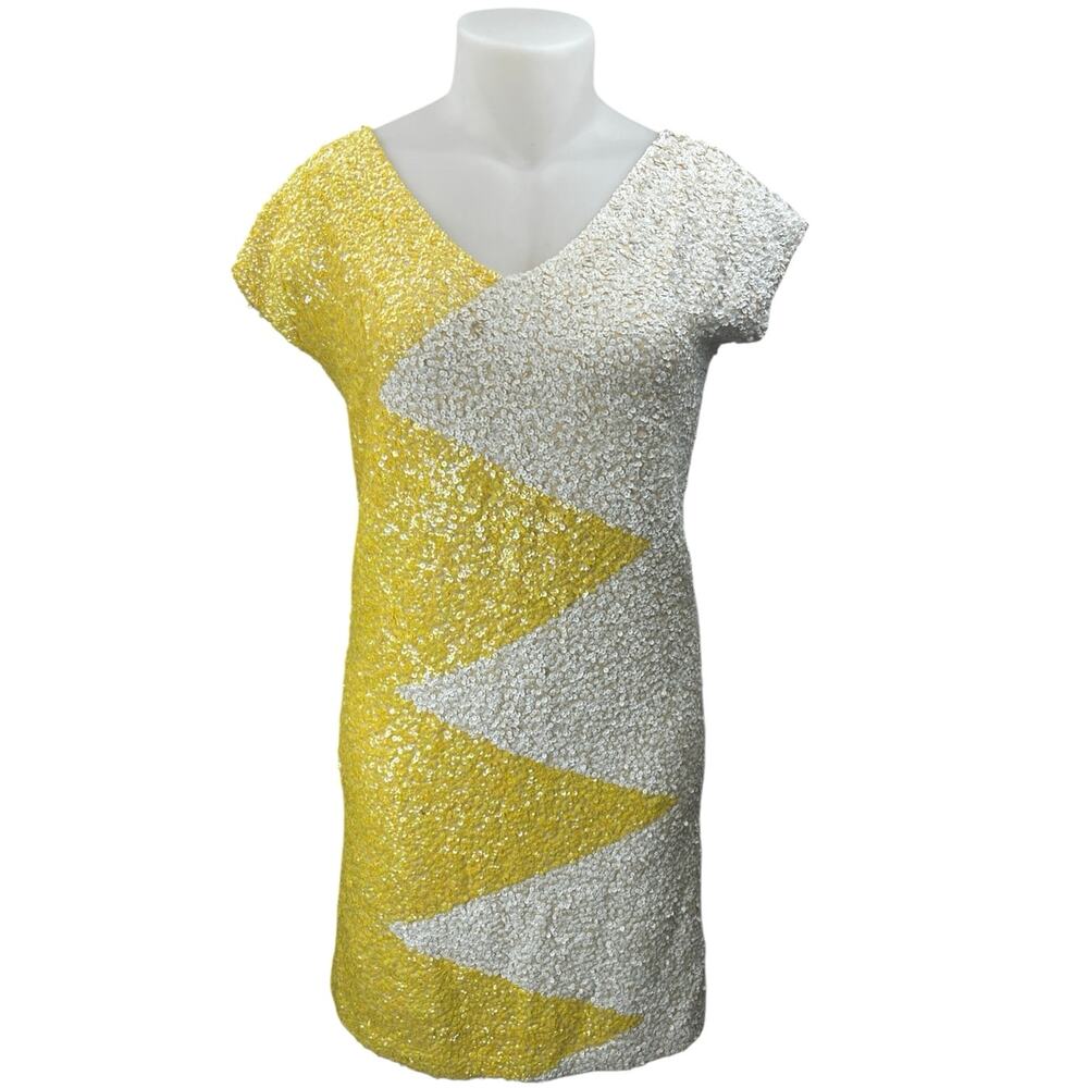 Gene Shelly Vintage Yellow White Zig Zag Colorblock Sequin Short Sleeve Dress 14